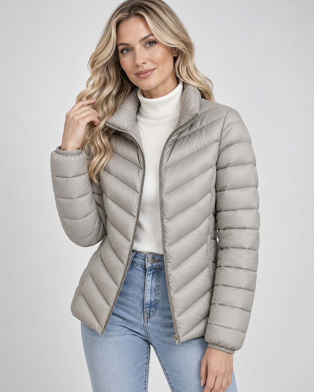Taupe chevron quilted puffer jacket front