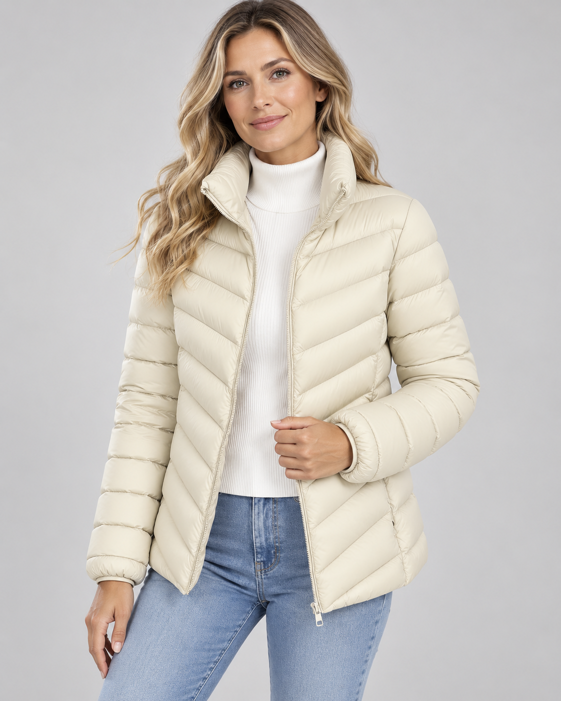 Off white chevron quilted puffer jacket front