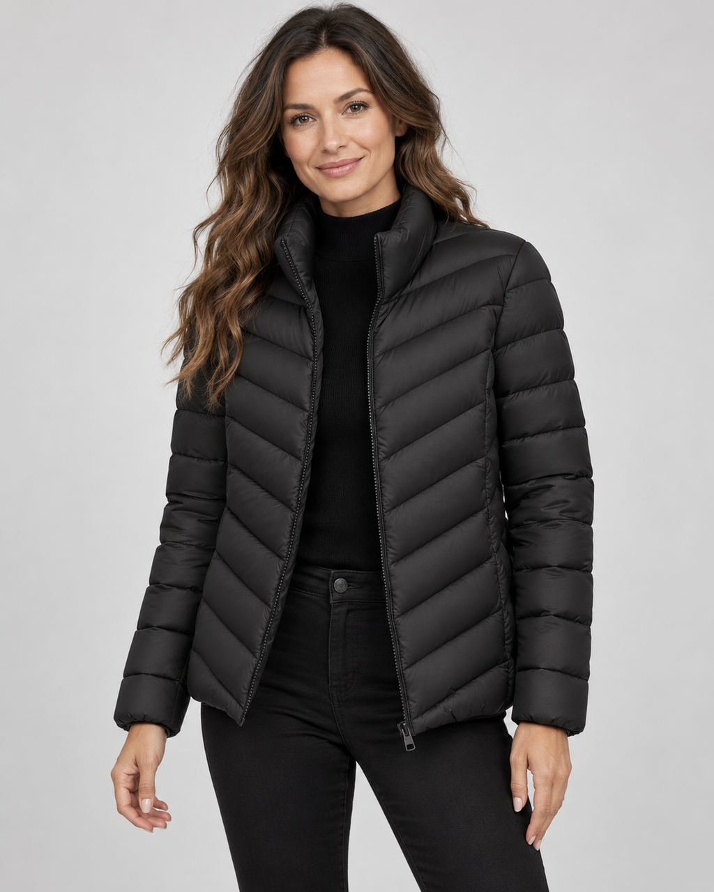 Black chevron quilted puffer jacket front