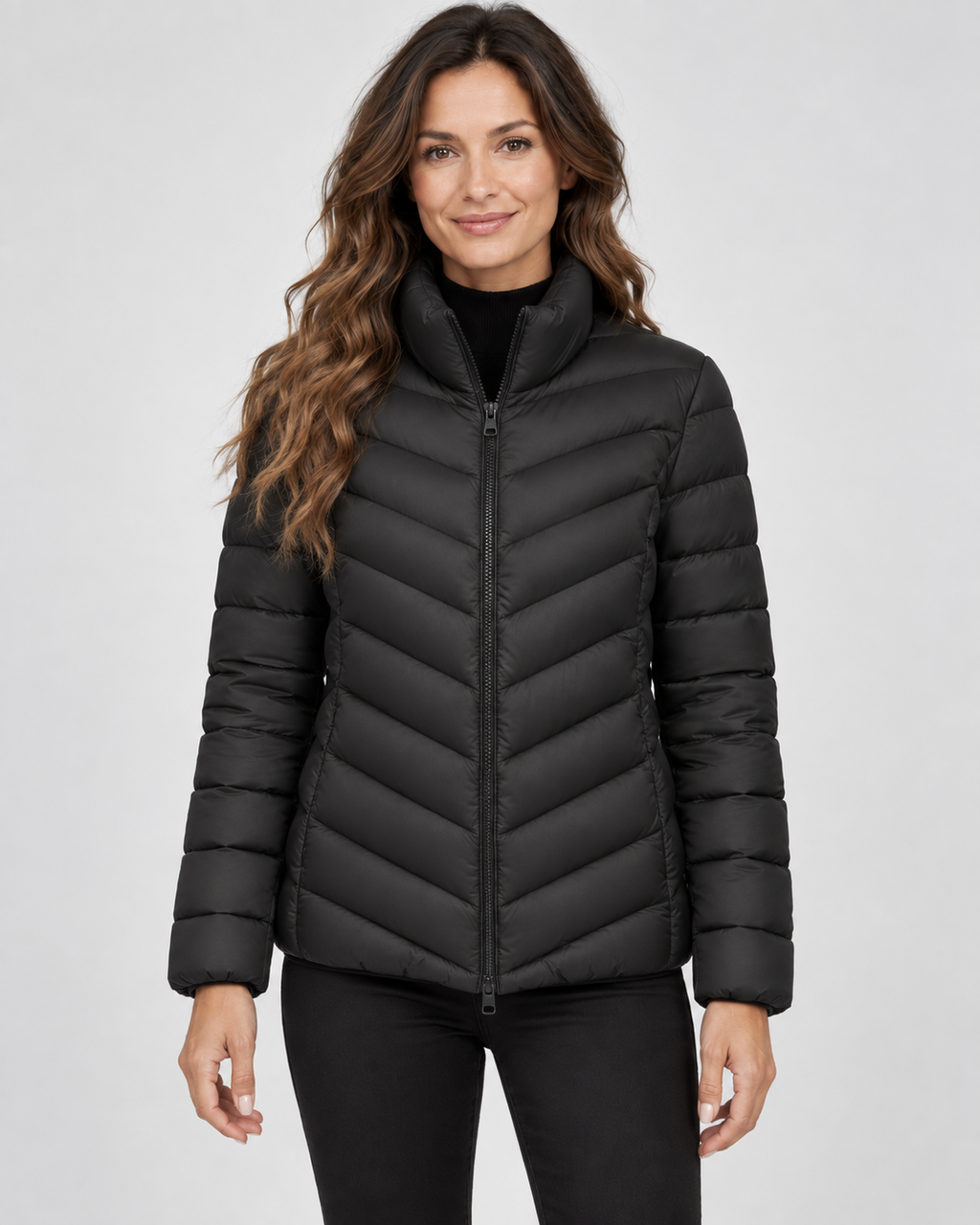 Black chevron quilted puffer jacket zipped