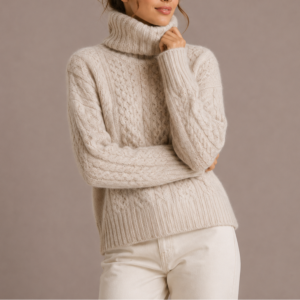 Women's Chunky Knit Turtleneck Jumper with Cable Texture