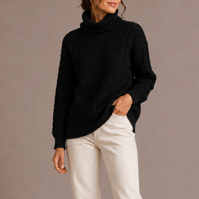 Women's Chunky Knit Turtleneck Jumper with Cable Texture