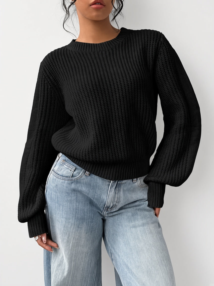 Women's Chunky Rib Knit Crew Neck Jumper with Balloon Sleeves in Black – Front View