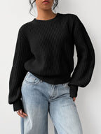 Women's Chunky Rib Knit Crew Neck Jumper with Balloon Sleeves in Black – Front View