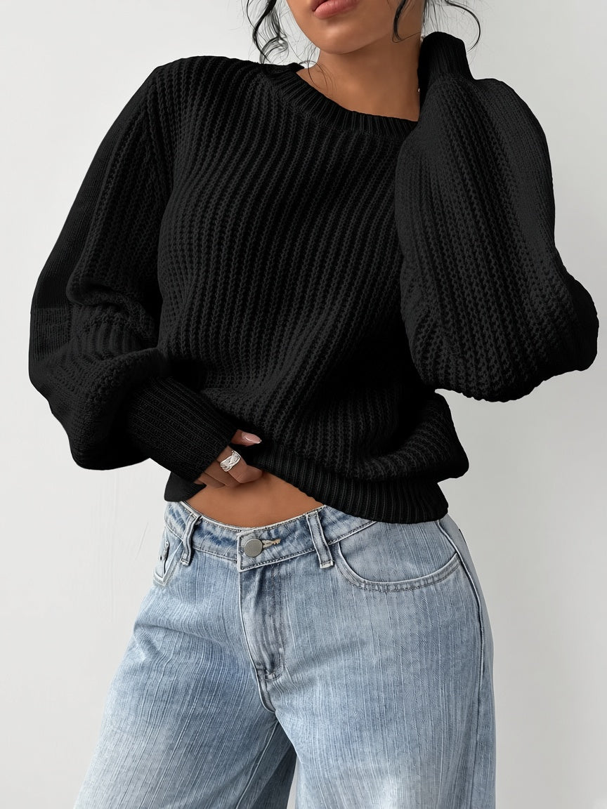 Women's Chunky Rib Knit Crew Neck Jumper with Balloon Sleeves in Black – Front View