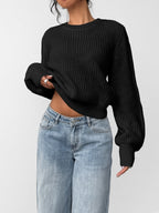 Women's Chunky Rib Knit Crew Neck Jumper with Balloon Sleeves in Black – Front View