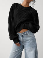 Women's Chunky Rib Knit Crew Neck Jumper with Balloon Sleeves in Black – Front View
