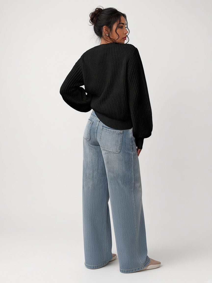 Women's Chunky Rib Knit Crew Neck Jumper with Balloon Sleeves in Black – Back View