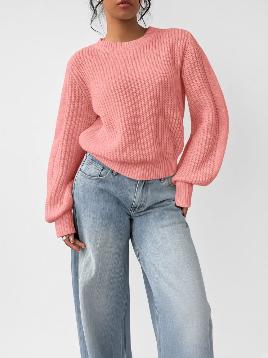 Women's Chunky Rib Knit Crew Neck Jumper with Balloon Sleeves in Coral Pink – Front View