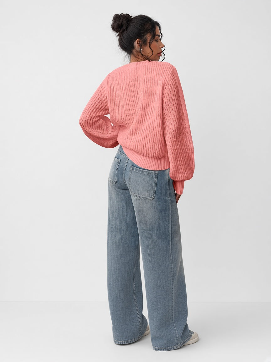 Women's Chunky Rib Knit Crew Neck Jumper with Balloon Sleeves in Coral Pink – Back View