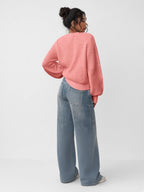 Women's Chunky Rib Knit Crew Neck Jumper with Balloon Sleeves in Coral Pink – Back View