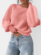 Women's Chunky Rib Knit Crew Neck Jumper with Balloon Sleeves in Coral Pink – Front View