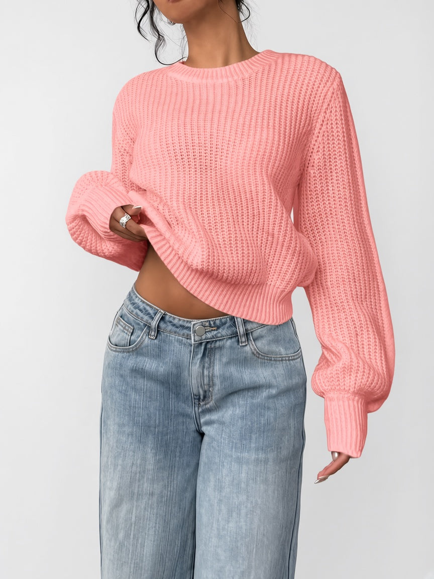Women's Chunky Rib Knit Crew Neck Jumper with Balloon Sleeves in Coral Pink – Front View