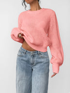 Women's Chunky Rib Knit Crew Neck Jumper with Balloon Sleeves in Coral Pink – Front View