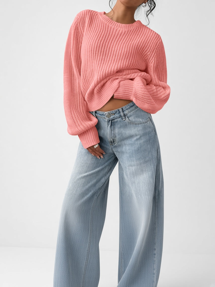 Women's Chunky Rib Knit Crew Neck Jumper with Balloon Sleeves in Coral Pink – Front View