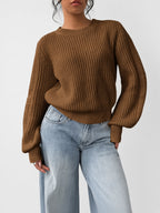 Women's Chunky Rib Knit Crew Neck Jumper with Balloon Sleeves in Dark Brown – Front View