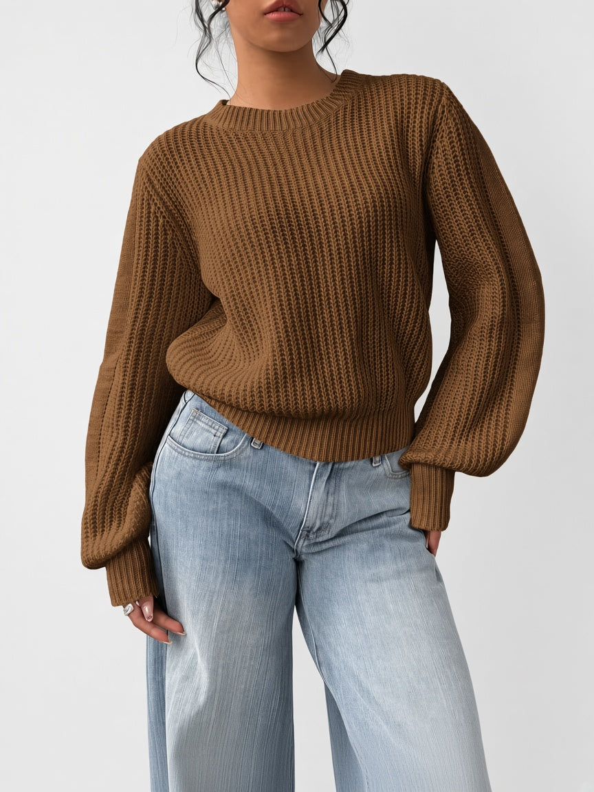 Women's Chunky Rib Knit Crew Neck Jumper with Balloon Sleeves in Dark Brown – Front View