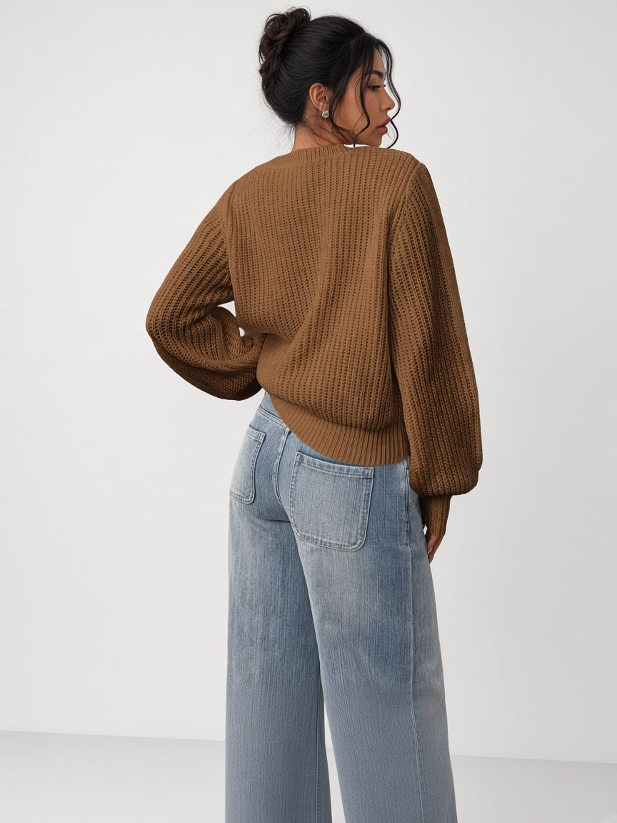 Women's Chunky Rib Knit Crew Neck Jumper with Balloon Sleeves in Dark Brown – Back View