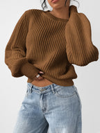 Women's Chunky Rib Knit Crew Neck Jumper with Balloon Sleeves in Dark Brown – Front View