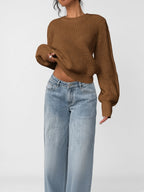Women's Chunky Rib Knit Crew Neck Jumper with Balloon Sleeves in Dark Brown – Front View