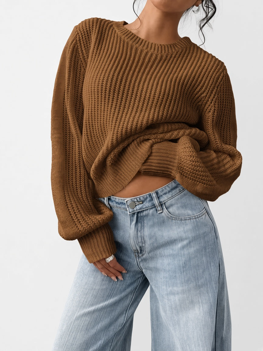 Women's Chunky Rib Knit Crew Neck Jumper with Balloon Sleeves in Dark Brown – Front View
