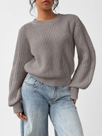 Women's Chunky Rib Knit Crew Neck Jumper with Balloon Sleeves in Grey – Front View