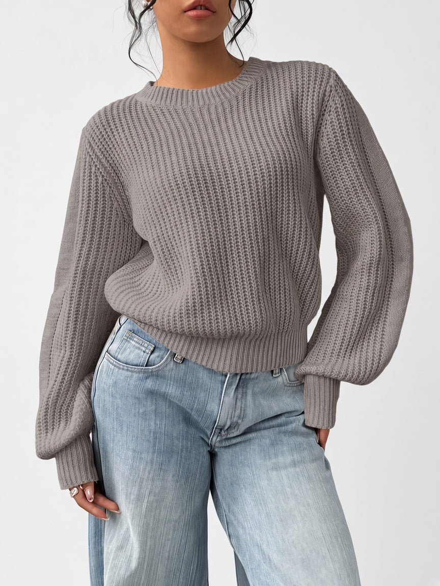 Women's Chunky Rib Knit Crew Neck Jumper with Balloon Sleeves in Grey – Front View