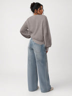 Women's Chunky Rib Knit Crew Neck Jumper with Balloon Sleeves in Grey – Back View