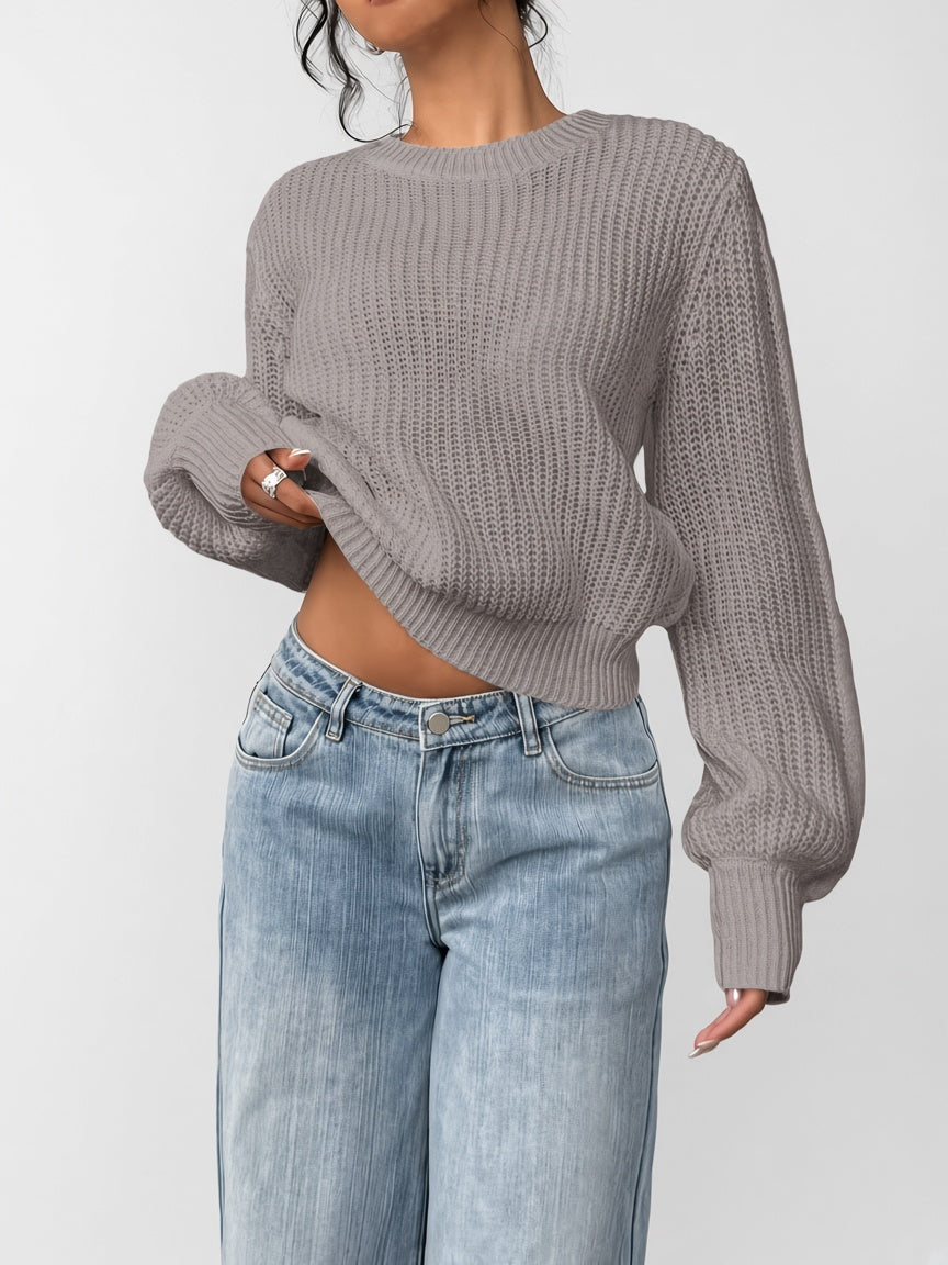 Women's Chunky Rib Knit Crew Neck Jumper with Balloon Sleeves in Grey – Front View