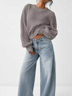 Women's Chunky Rib Knit Crew Neck Jumper with Balloon Sleeves in Grey – Front View