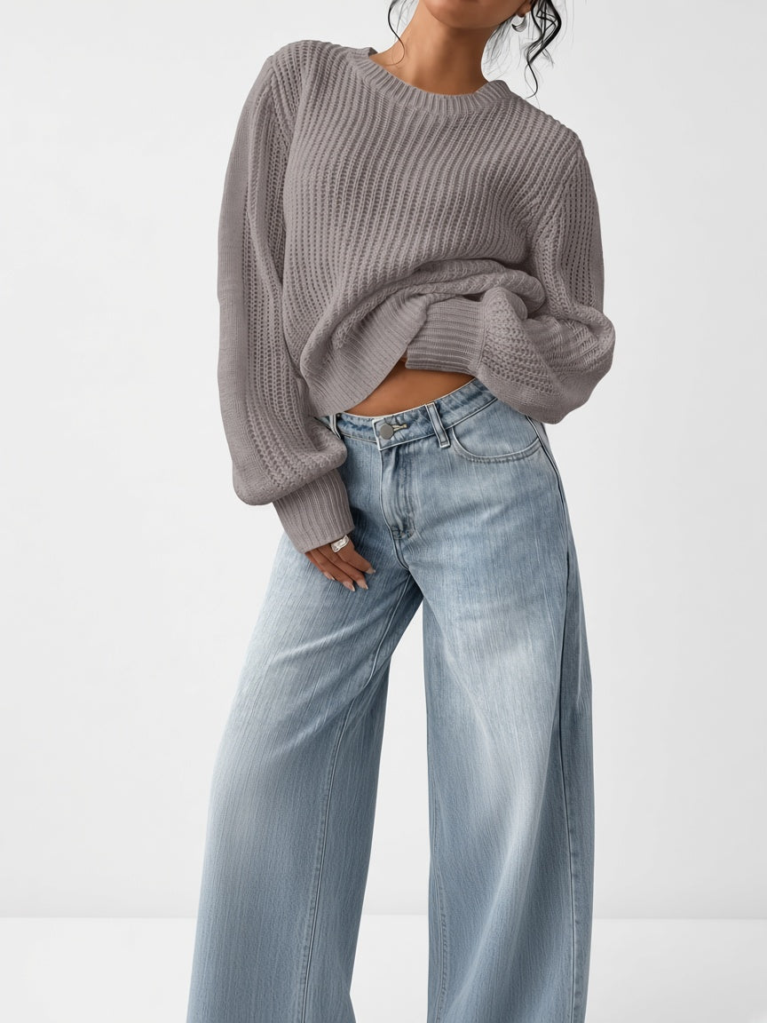 Women's Chunky Rib Knit Crew Neck Jumper with Balloon Sleeves in Grey – Front View