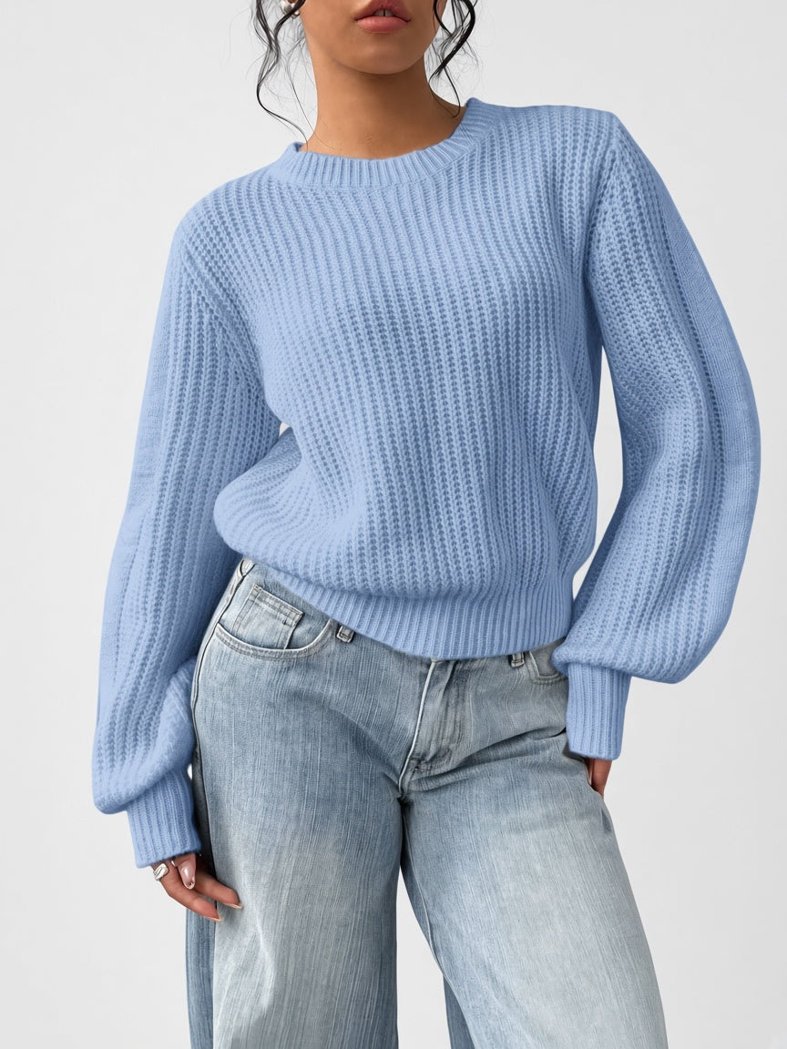 Women's Chunky Rib Knit Crew Neck Jumper with Balloon Sleeves in Sky Blue – Front View