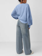 Women's Chunky Rib Knit Crew Neck Jumper with Balloon Sleeves in Sky Blue – Back View