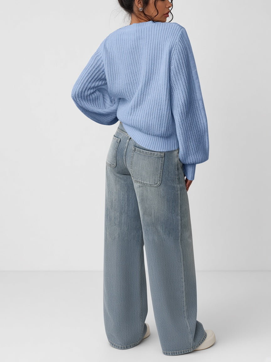 Women's Chunky Rib Knit Crew Neck Jumper with Balloon Sleeves in Sky Blue – Back View