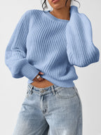 Women's Chunky Rib Knit Crew Neck Jumper with Balloon Sleeves in Sky Blue – Front View