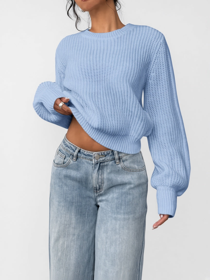 Women's Chunky Rib Knit Crew Neck Jumper with Balloon Sleeves in Sky Blue – Front View