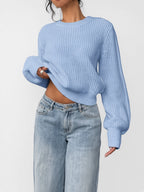 Women's Chunky Rib Knit Crew Neck Jumper with Balloon Sleeves in Sky Blue – Front View
