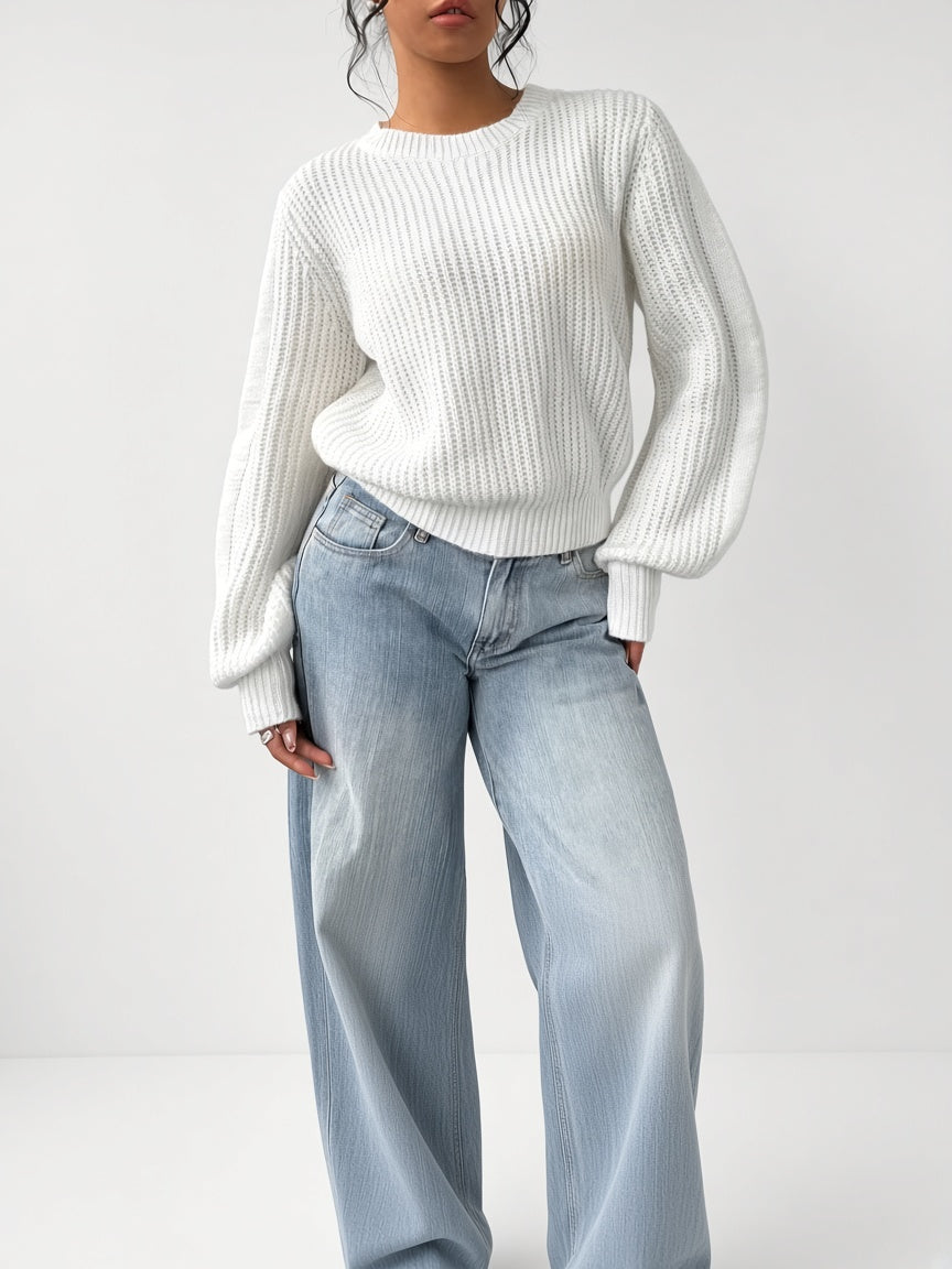 Women's Chunky Rib Knit Crew Neck Jumper with Balloon Sleeves in White – Front View