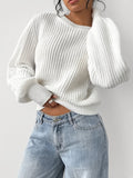 Women's Chunky Rib Knit Crew Neck Jumper with Balloon Sleeves in White – Front View
