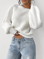 Women's Chunky Rib Knit Crew Neck Jumper with Balloon Sleeves in White – Front View