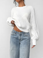 Women's Chunky Rib Knit Crew Neck Jumper with Balloon Sleeves in White – Front View