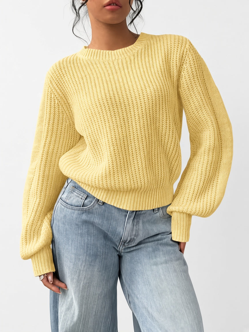 Women's Chunky Rib Knit Crew Neck Jumper with Balloon Sleeves in Yellow – Front View
