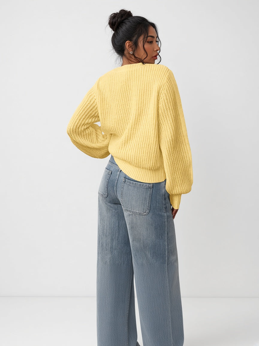 Women's Chunky Rib Knit Crew Neck Jumper with Balloon Sleeves in Yellow – Back View