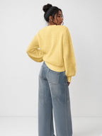 Women's Chunky Rib Knit Crew Neck Jumper with Balloon Sleeves in Yellow – Back View