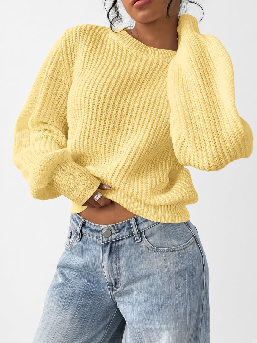 Women's Chunky Rib Knit Crew Neck Jumper with Balloon Sleeves in Yellow – Front View