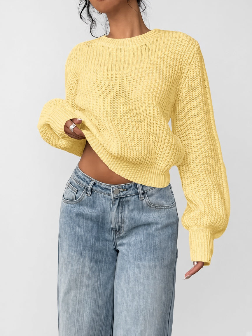 Women's Chunky Rib Knit Crew Neck Jumper with Balloon Sleeves in Yellow – Front View