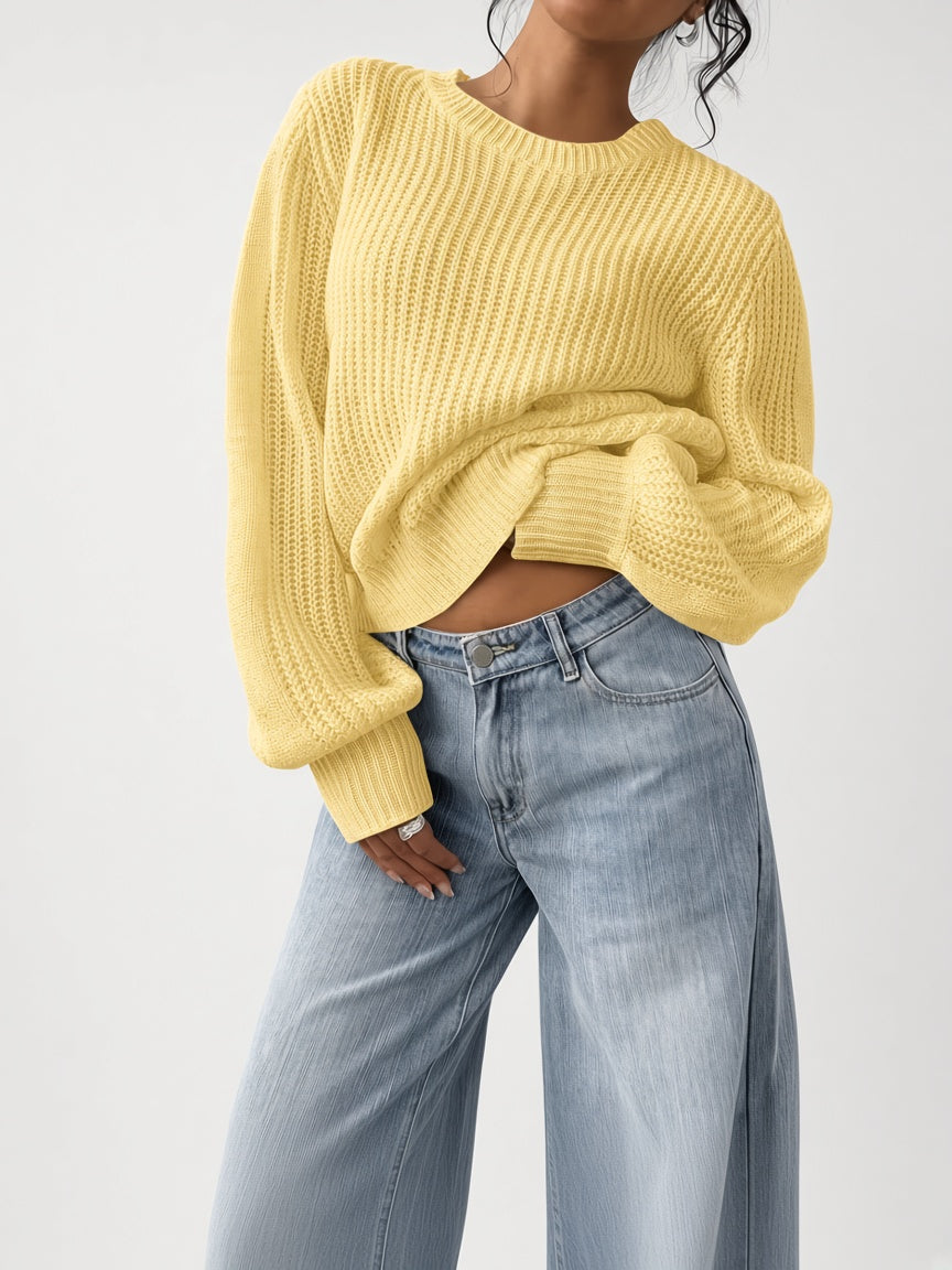 Women's Chunky Rib Knit Crew Neck Jumper with Balloon Sleeves in Yellow – Front View