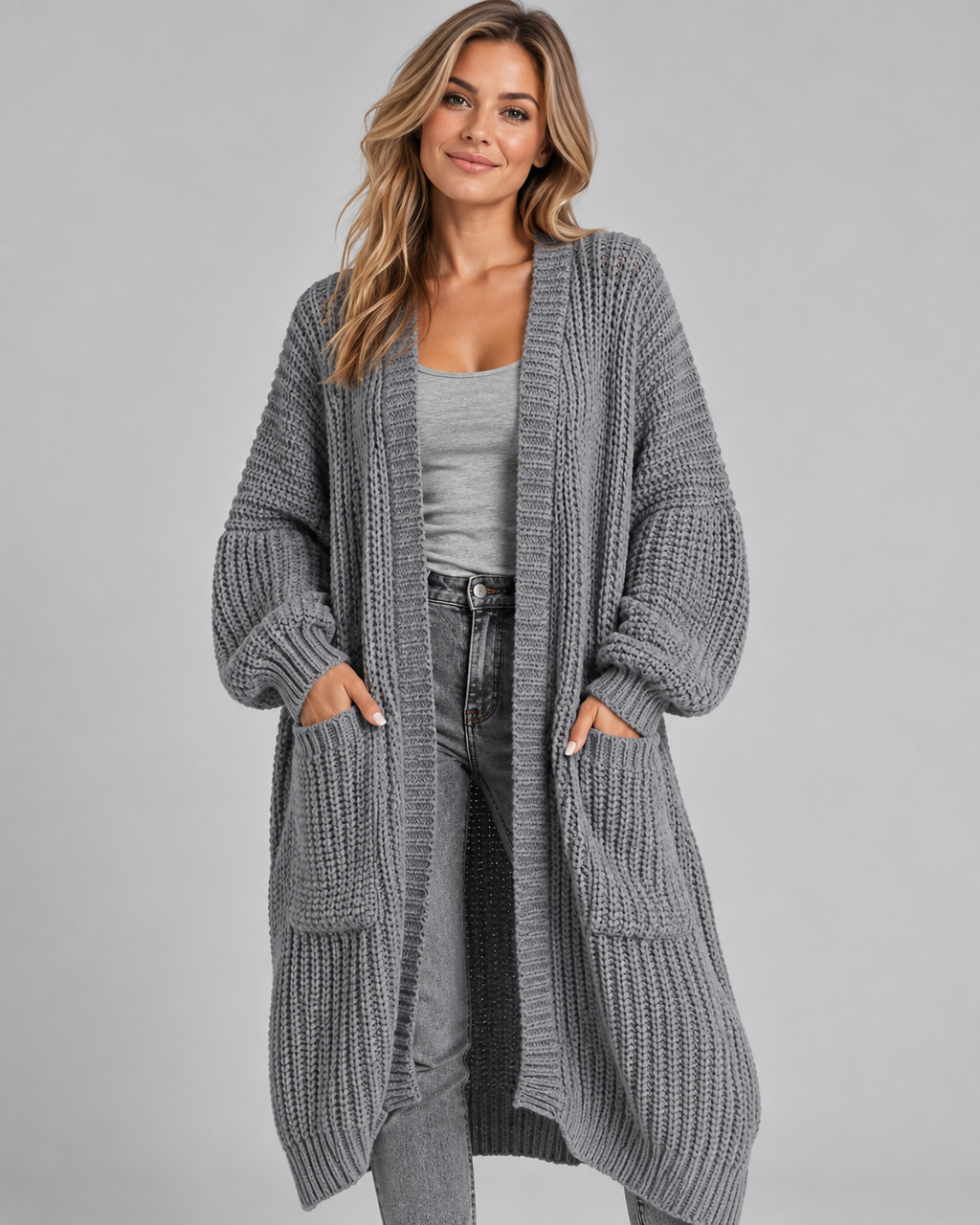 Grey chunky knit longline cardigan front
