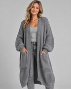 Grey chunky knit longline cardigan front