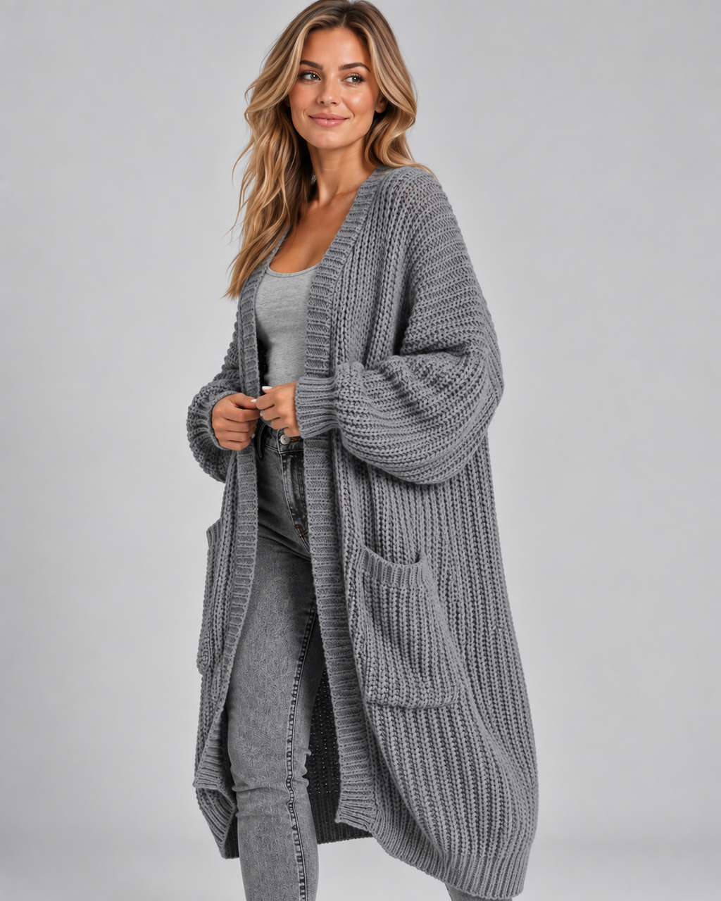 Grey chunky knit longline cardigan side